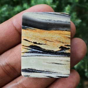 Pode incluir: Uma pedra retangular com um padrão em camadas de bege, preto e branco. A pedra tem cantos arredondados e uma superfície polida, mostrando as variações naturais de cor e textura. A pedra é segurada em uma mão.