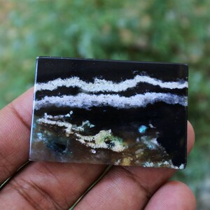 Può includere: Un cabochon di pietra preziosa nero, bianco e verde con un motivo unico. La pietra ha un aspetto stratificato con bande bianche e accenti verdi.