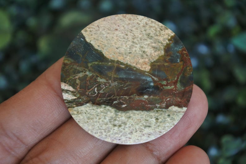 May include: A circular polished stone cabochon featuring a natural pattern of mottled beige, deep forest green, and dark reddish-brown mineral veins. The surface is smooth and flat, displaying a distinct landscape-like geological formation.
