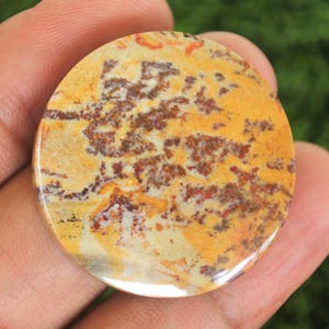 May include: A circular, polished gemstone displaying a distinctive pattern of yellow, orange, and brown tones. The stone's surface has a glossy finish, and the intricate design resembles a natural landscape. This gemstone is ideal for jewellery making or collecting.