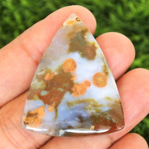 Peut inclure: Une pierre précieuse triangulaire à surface polie. La pierre présente un mélange de couleurs blanches, marron et orange, avec un aspect translucide. La pierre est tenue dans une main sur un fond vert flou.