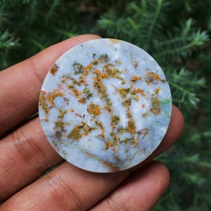 May include: A circular, polished stone with a pale blue base. It displays intricate patterns in orange and brown, with touches of green. The stone is held in a hand, with a blurred green backdrop.