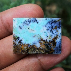 Può includere: Un cabochon di agata blu, bianco e marrone con un motivo unico. Il cabochon è rettangolare e ha una superficie liscia e lucida.