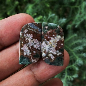 May include: Two green, brown, and white agate cabochons with a mottled pattern. The cabochons are cut in a teardrop shape and have a smooth, polished surface.
