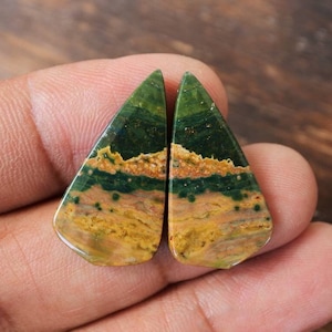 May include: Two polished gemstones with a triangular shape. The stones display a mix of green, yellow, and brown colours, with a layered pattern. The top section is a deep green, changing to yellow and brown at the base. The stones are held in a hand.