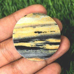 Puede incluir: Un cabujón de piedra redondo y plano, con rayas amarillas y negras. La piedra tiene un patrón en capas y bandas.