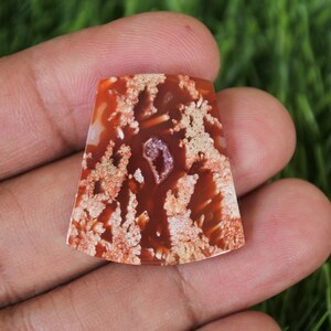 May include: A red and white agate cabochon with a dendritic pattern. The cabochon is cut in a trapezoid shape and has a smooth, polished surface.