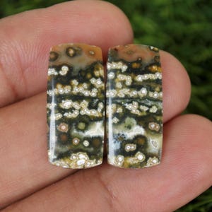 May include: Two rectangular gemstones with a distinctive pattern. The stones display a mix of brown, green, and white, with a speckled design. The gemstones are held in a hand, highlighting their polished surface and natural beauty. Suitable for jewellery making.