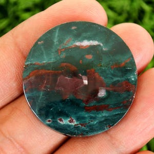 May include: A circular gemstone, polished to a smooth finish, displaying a blend of dark green and maroon hues. The stone's surface features a mottled design with swirling patterns. It is held in a hand against a blurred green backdrop.