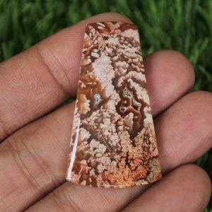 May include: A brown and white agate cabochon with a dendritic pattern. The cabochon is rectangular and has a smooth, polished surface.