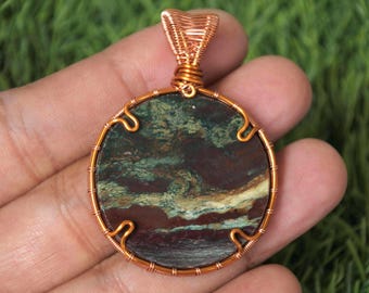 Multicolor Java Jasper, Handmade Wire Wrap Copper Pendant