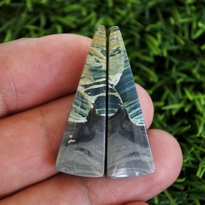 May include: Two triangular-shaped, polished gemstones with a unique pattern of blue, green, gray, and brown hues. The stones are held together, showcasing their natural textures and colors. The gemstones are likely for jewelry making.