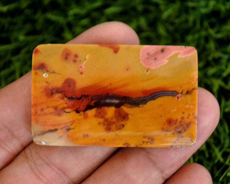 May include: A rectangular polished gemstone cabochon featuring a warm color palette of golden yellow, burnt orange, and deep red tones. The stone displays natural organic patterns with dark brown linear inclusions and soft pinkish spots.