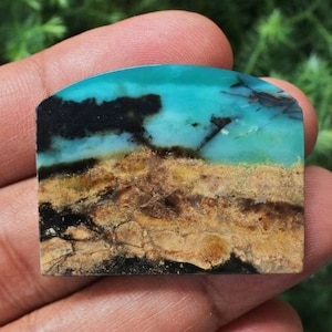 Può includere: Una pietra preziosa a cabochon con un motivo blu, marrone e nero. La pietra ha una superficie liscia e lucida ed è a forma di semicerchio.