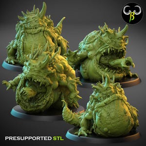 May include: Four green, monstrous figures with horns, spikes, and open mouths are displayed. The figures are on black circular bases. The text "PRESUPPORTED STL" is at the bottom. A logo is in the upper right corner.