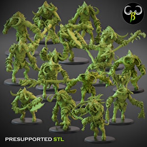 May include: A set of 15 pre-supported 3D printed miniatures of green, horned, bull-like creatures with various weapons and poses. The miniatures are labeled "PRESUPPORTED STL".
