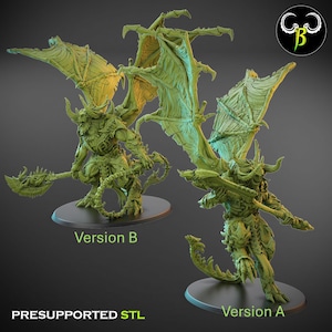 May include: Two 3D printed versions of a green demon with wings, horns, and a tail. The demon on the left has its wings spread out, while the demon on the right has its wings folded back. Both demons are holding a weapon in their right hand. The text "Version B" is below the demon on the left, and the text "Version A" is below the demon on the right. The text "PRESUPPORTED STL" is at the bottom of the image.