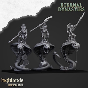 May include: Three miniature figures of skeletal warriors riding skeletal cobras. Each warrior is holding a spear and wearing a headdress. The figures are painted in a grey colour scheme. The text "Eternal Dynasties" is visible in the top right corner of the image.