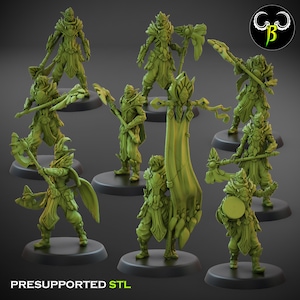 May include: A set of nine green plastic miniature figurines of elves, each holding a weapon or a flag. The figurines are posed in various fighting stances and are ready for battle. The miniatures are pre-supported and ready to be printed.