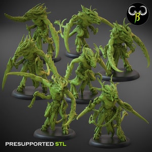 May include: A set of seven green 3D printed miniature figures of demonic creatures with wings and horns. The figures are posed in various dynamic stances and are ready to be painted.