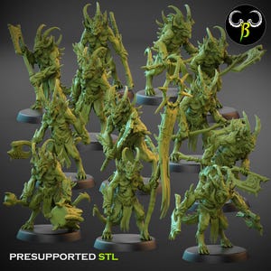 May include: A set of 11 detailed, green, 3D printed miniatures of demonic creatures with horns, claws, and weapons. The miniatures are posed in various fighting stances and are ready to be painted. PRESUPPORTED STL.