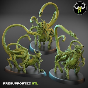 May include: Three green, detailed fantasy creature models on black bases. Each model has a centaur-like body with multiple tentacles and a horned head. The text "PRESUPPORTED STL" is at the bottom.