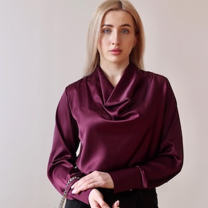 Cowl Neck Blouse, Silk Blouse for Women, Long Sleeves Silk Shirt, Black Satin Blouse, Blouse for Office, Silk Sleeve Tops