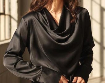 Cowl Neck Blouse, Silk Blouse for Women, Long Sleeves Silk Shirt, Black Satin Blouse, Blouse for Office, Silk Sleeve Tops