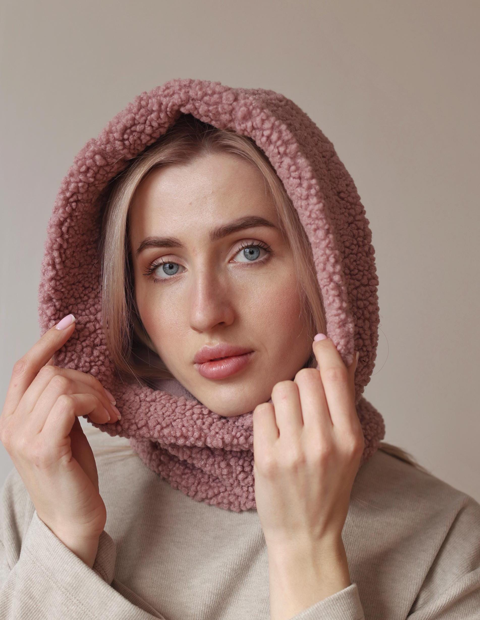 Hooded Scarf, Sherpa Hood, Balaclava, Fleece Hood With