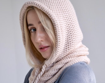 Crochet Hooded Scarf, Knit Wool Hood, Womens Knitted Snood, Mohair Scarf with Hood, Warm Hooded Cowl, Head Scarf