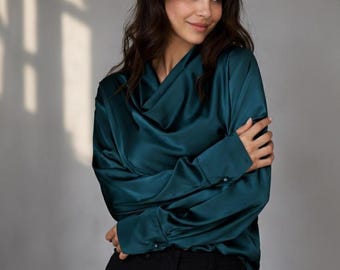 Elegant Silk Blouse, Cowl Neck Blouse, Long Sleeves Silk Shirt, Satin Marsala Blouse, Formal Blouse Women, Office Silk Blouse, Womens Shirt