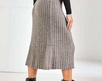 Midi wollen rok, Ribgebreide rok, Hoge taille rok, Zijsplitrok, Winterwarme rok, Feestrok