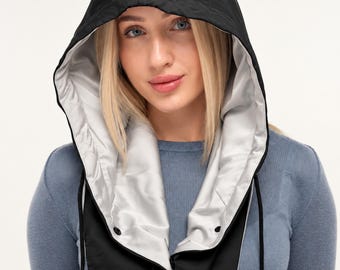 Waterproof Hooded Scarf for Women, Silk Lined Rain Hood, Satin Lined Balaclava Cowl, Hair Protective Minimalist Hood