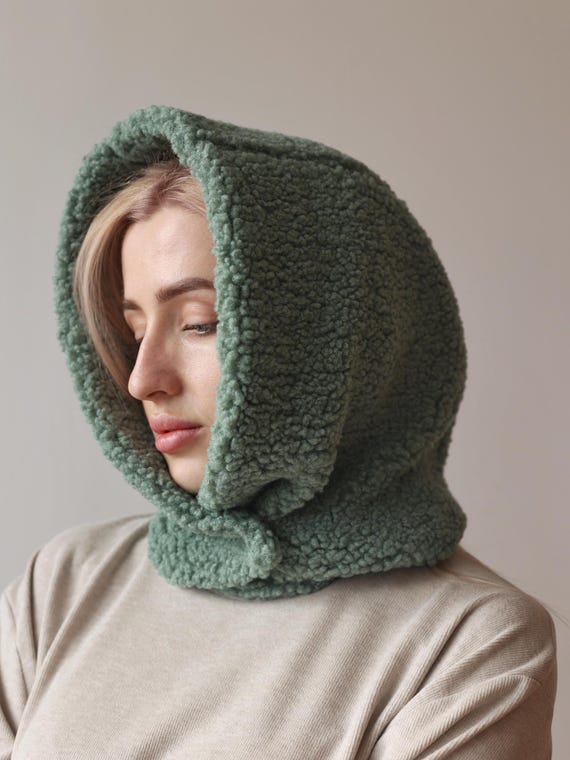 【WOOHWA】HOOD WOOL BUTTON SCARF Hooded Scarf, Sherpa Hood, Balaclava, Fleece Hood With