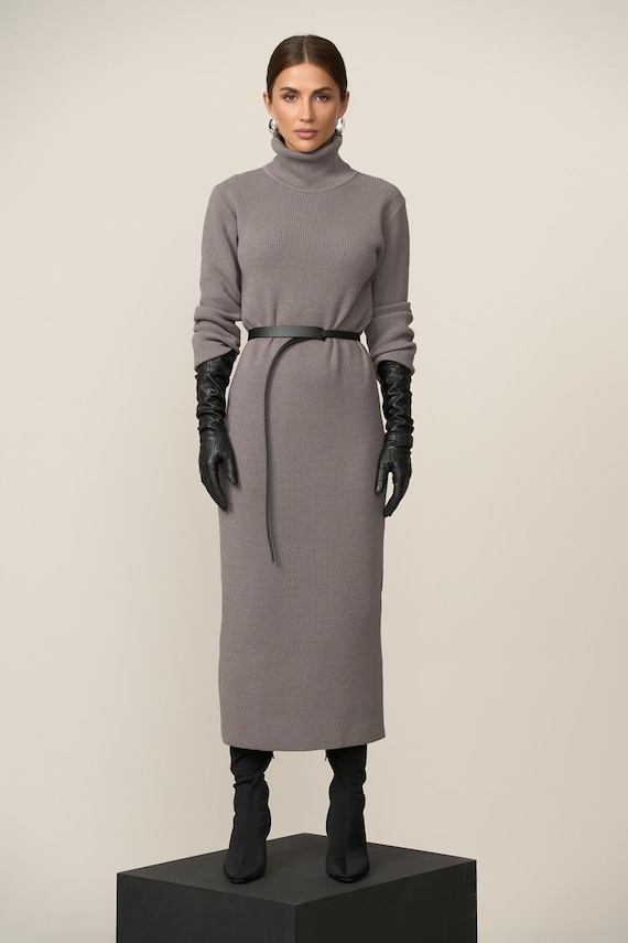 Vestido De Punto Para Mujer, Cuello Alto, Vestido De Invierno, Vestido De Punto, Midi Monocolor, Largo, Vestido De Lana, Vestido De Punto, Vestido De Jersey, Vestido De Punto Cálido, Suéter Largo