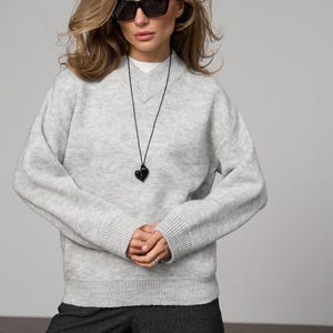 Oversized V-Neck Sweater, Women&#39;s Relaxed Merino Mohair Jumper, Minimalist Knitwear, Sustainable Cozy Pullover