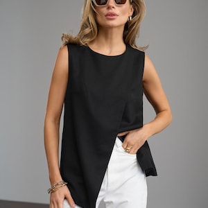 Linen Vest Top with Lining, Minimalist Sleeveless Blouse for Women, Asymmetrical Tunic, Boho Sustainable Fashion, Summer Travel Outfit