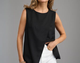 Linen Vest Top with Lining, Minimalist Sleeveless Blouse for Women, Asymmetrical Tunic, Boho Sustainable Fashion, Summer Travel Outfit