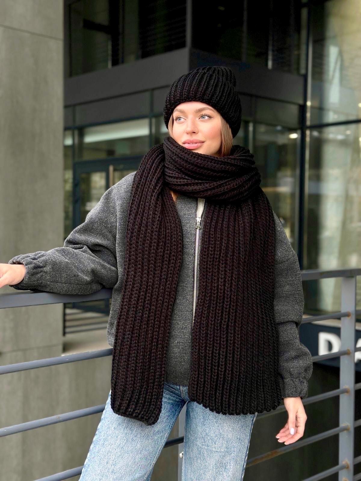 Chunky Hat Scarf Set, Wool Hat Scarf Combo, Knitted Wool Scarf and