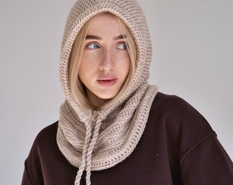 Knitted Balaclava, Winter Hats for Women, Warm Mohair Wool Hooded Scarf, Knit Snood Hood with Adjustable Drawstring, Cold Weather Gift