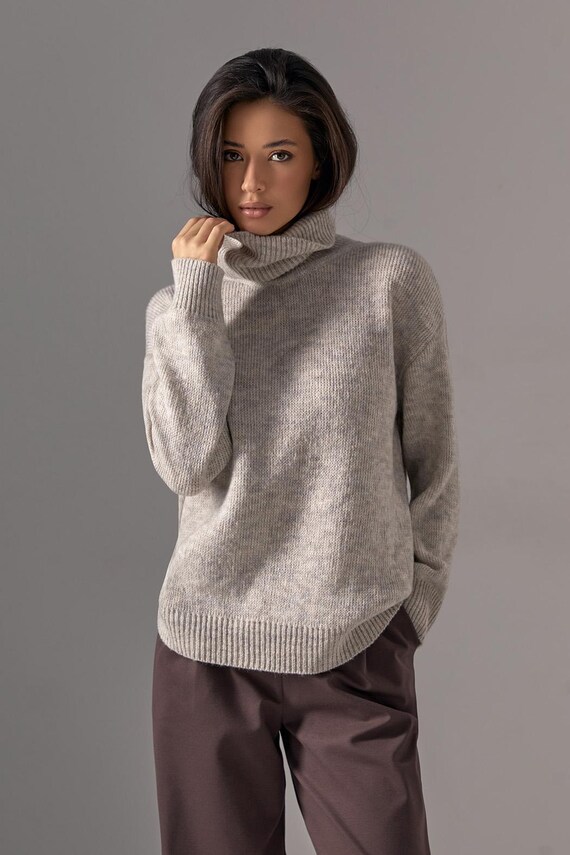 Wool Turtleneck Sweater for Women, Merino Alpaca Mohair Blend Knit