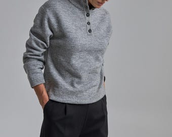 Wool Sweater With Buttoned Collar, Structured Knit Pullover, Relaxed Fit Winter Jumper For Women