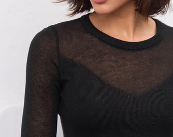 Long Sleeves Sheer Fitted Top, Fitted Long Sleeve Tee, Veiled Neckline, Cocktail Top, Elegant Classy Top, Classic Fitted Blouses