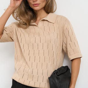Knit Cotton Polo Shirt Women, Geometric Pattern Short Sleeve Top, Breathable Summer Knitwear, Minimalist Pullover, Sustainable Fashion