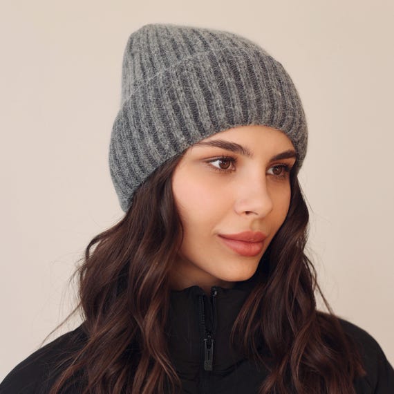 White Angora Beanie Hat, Fleece Lined Hat, Soft Wool Hats  display picture 2
