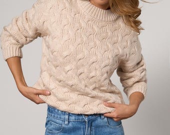 Cable knit sweater, Wool viscose pullover, Chunky textured jumper, Cozy winter knitwear for women, Relaxed fit sweater