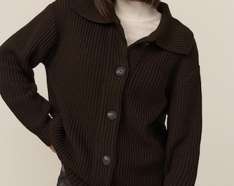 Chunky Knit Wool Cardigan, Oversized Button-Up Sweater for Women, Soft Wide Collar Jacket, Minimalist Fall Winter Knitwear