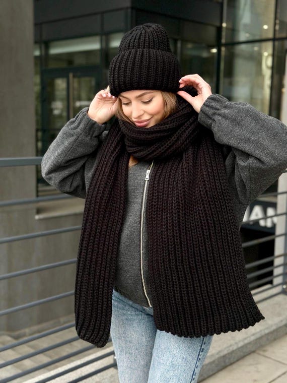 Chunky Hat Scarf Set, Wool Hat Scarf Combo, Knitted Wool Scarf and