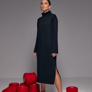 Wool Maxi Sweater Dress, Womens Wool Knit Sweater Dress, Knitted Long Winter Dress, Oversized Turtleneck Dress, Warm Casual Dress