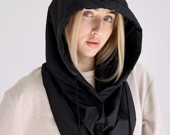 Silk Lined Waterproof Hood | Anti-Frizz Hair Friendly Hooded Scarf | Convertible Windproof Cowl | UV Rain Hood | Winter Tech Scarf, Black
